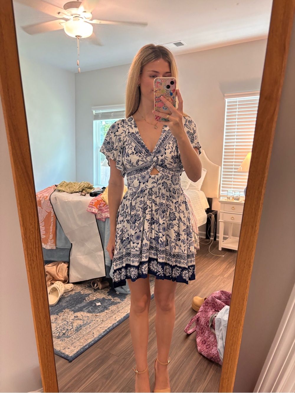 Angie Blue and White Floral Tie-Front Mini Dress